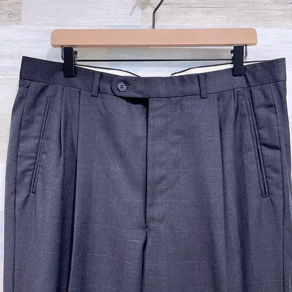 Jack Victor Wool Windowpane Suit Charcoal Gray Mens 42R 36x29 Pleated Pants